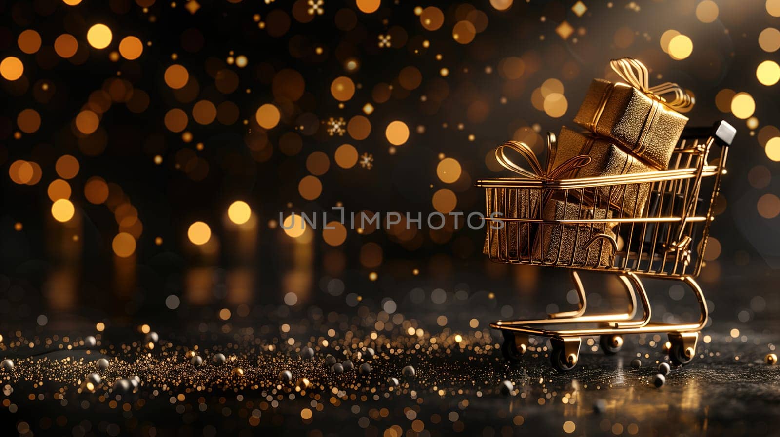 A shopping cart is overflowing with brightly wrapped presents, sitting atop a wooden table. The scene conveys a festive atmosphere, suggesting holiday shopping or a sale event like Black Friday.