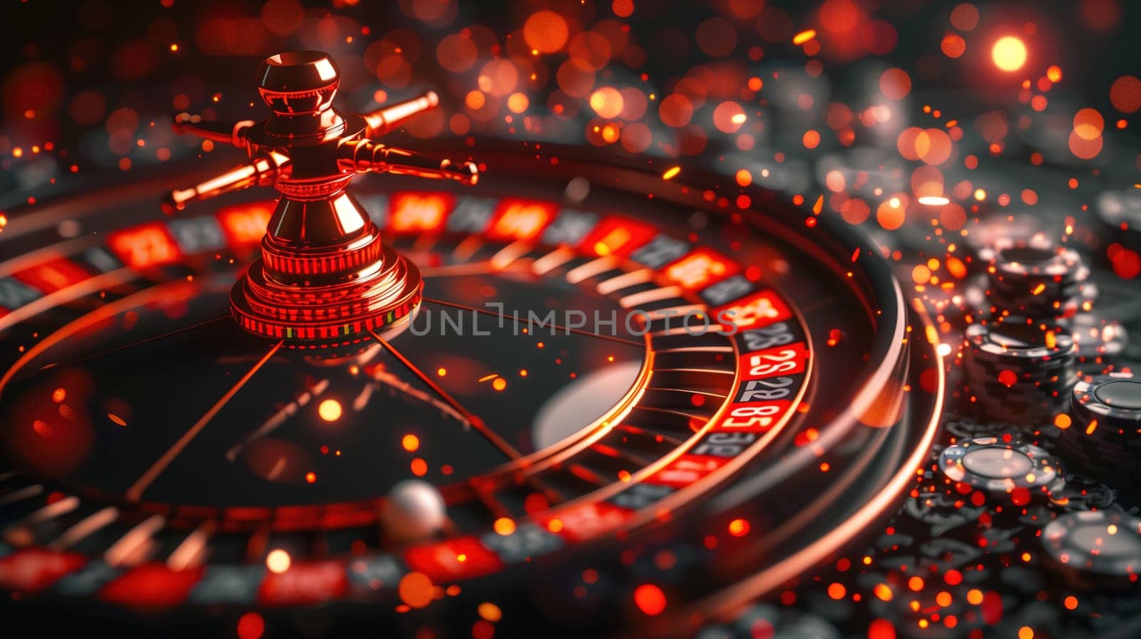 A detailed close-up showcases a roulette wheel in mid-spin surrounded by the glimmering bokeh of casino lights. The focus on the red and black numbers and the shiny metal ball conveys the excitement and chance inherent in casino gaming. The atmosphere is one of anticipation and thrill, typical of a bustling casino environment.