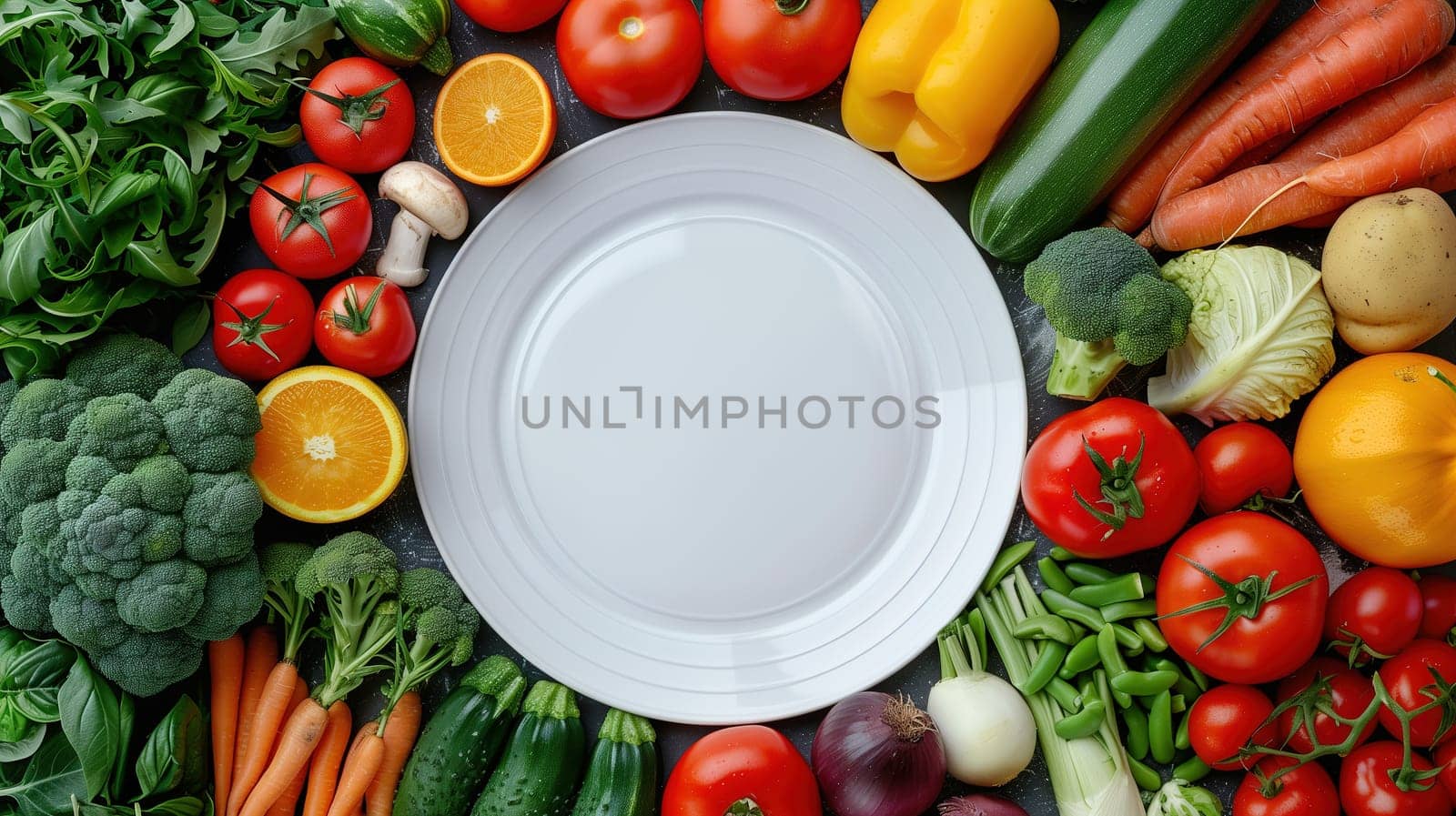 A white plate filled with an array of fresh, colorful vegetables such as tomatoes, cucumbers, carrots, lettuce, and bell peppers. The plate is surrounded by a variety of vegetables, creating a vibrant and nutritious display.