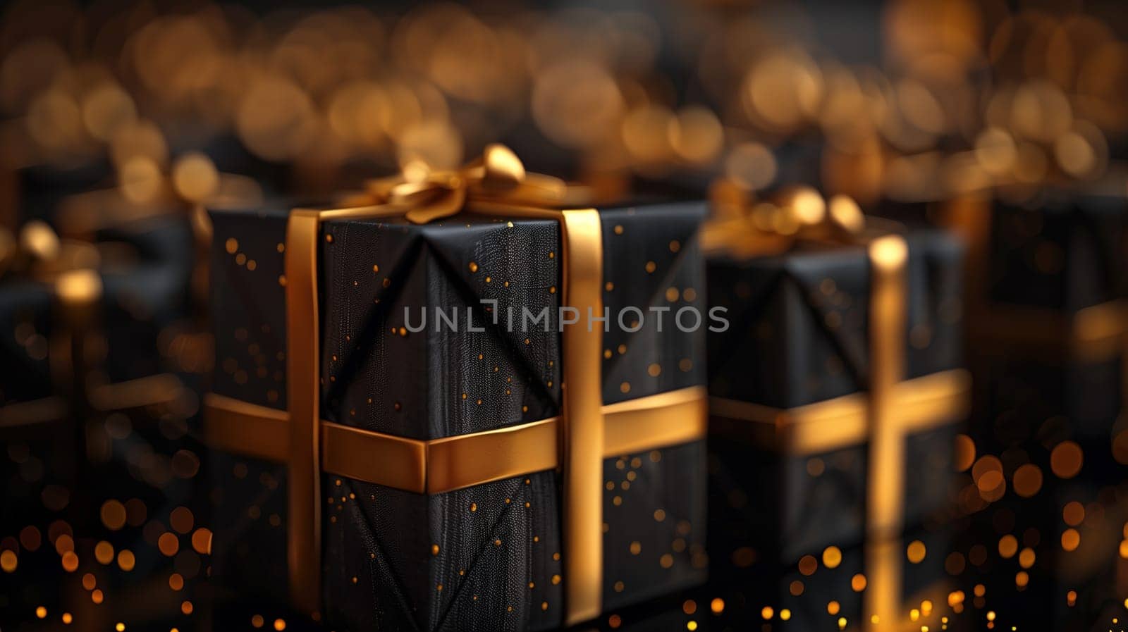 A collection of black and gold wrapped presents stacked neatly together. The shiny metallic wrapping paper reflects the light, creating a festive and elegant display for a sale or Black Friday event.