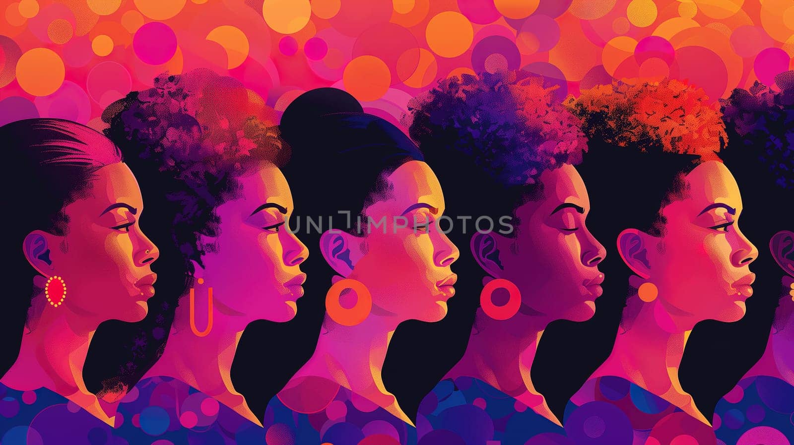 A collection of women with a variety of hair styles, ranging from curly to straight, short to long, and colored to natural. These women showcase the diversity and beauty of different hair textures and styles in a celebration of Womens Day.