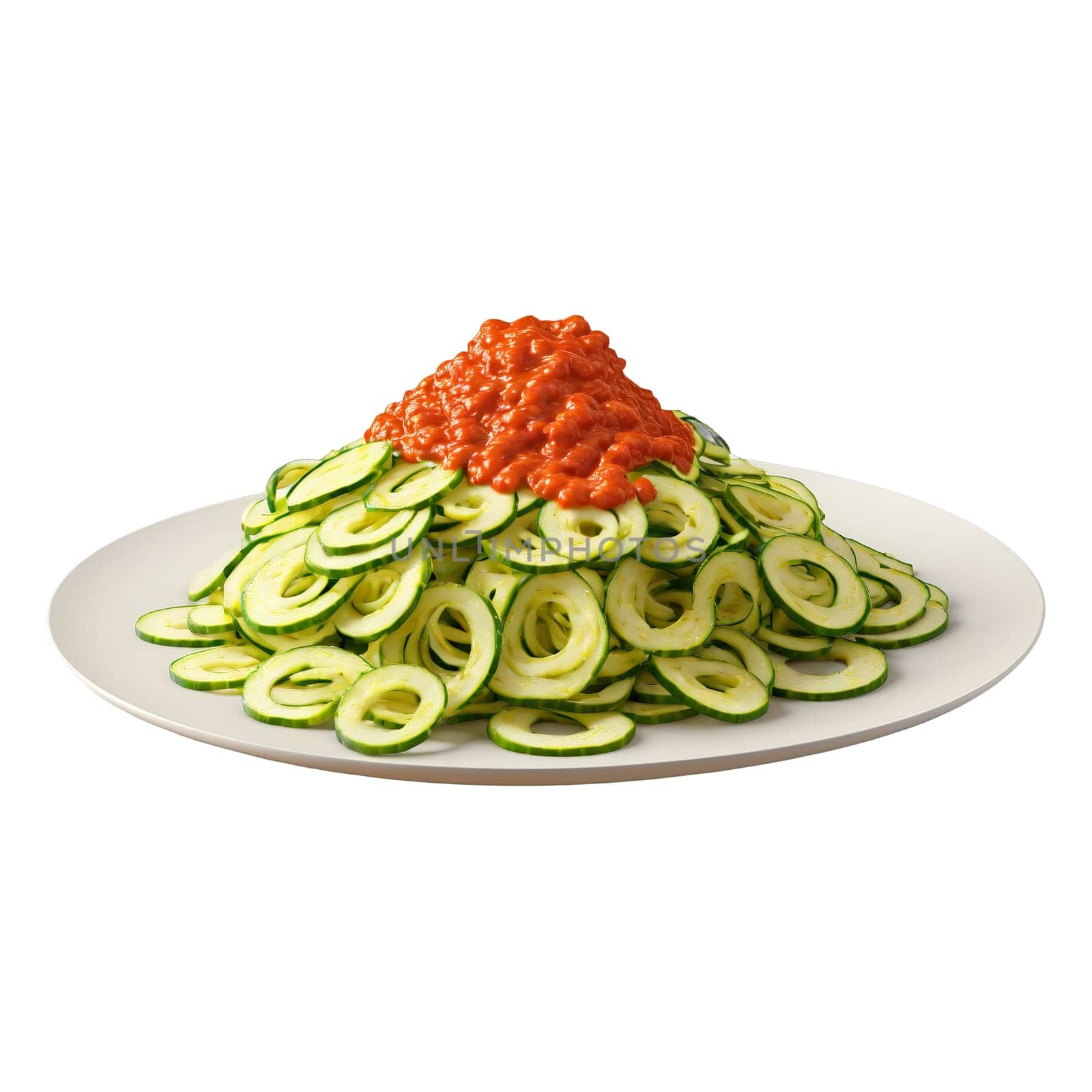 Zucchini noodles spiralized green zucchini ribbons tangled with marinara sauce isolated on transparent Food and. Food isolated on transparent background.