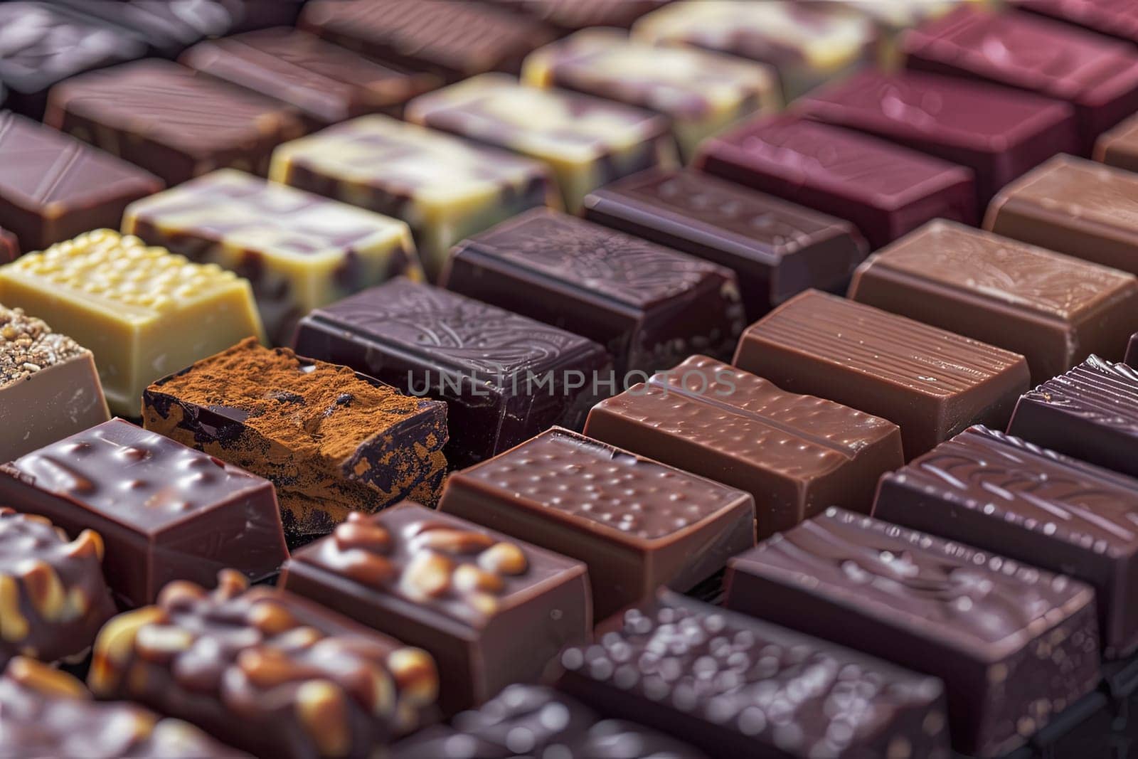 Close-up view of a variety of chocolate bars in different flavors and types, showcasing their rich colors and high detail.