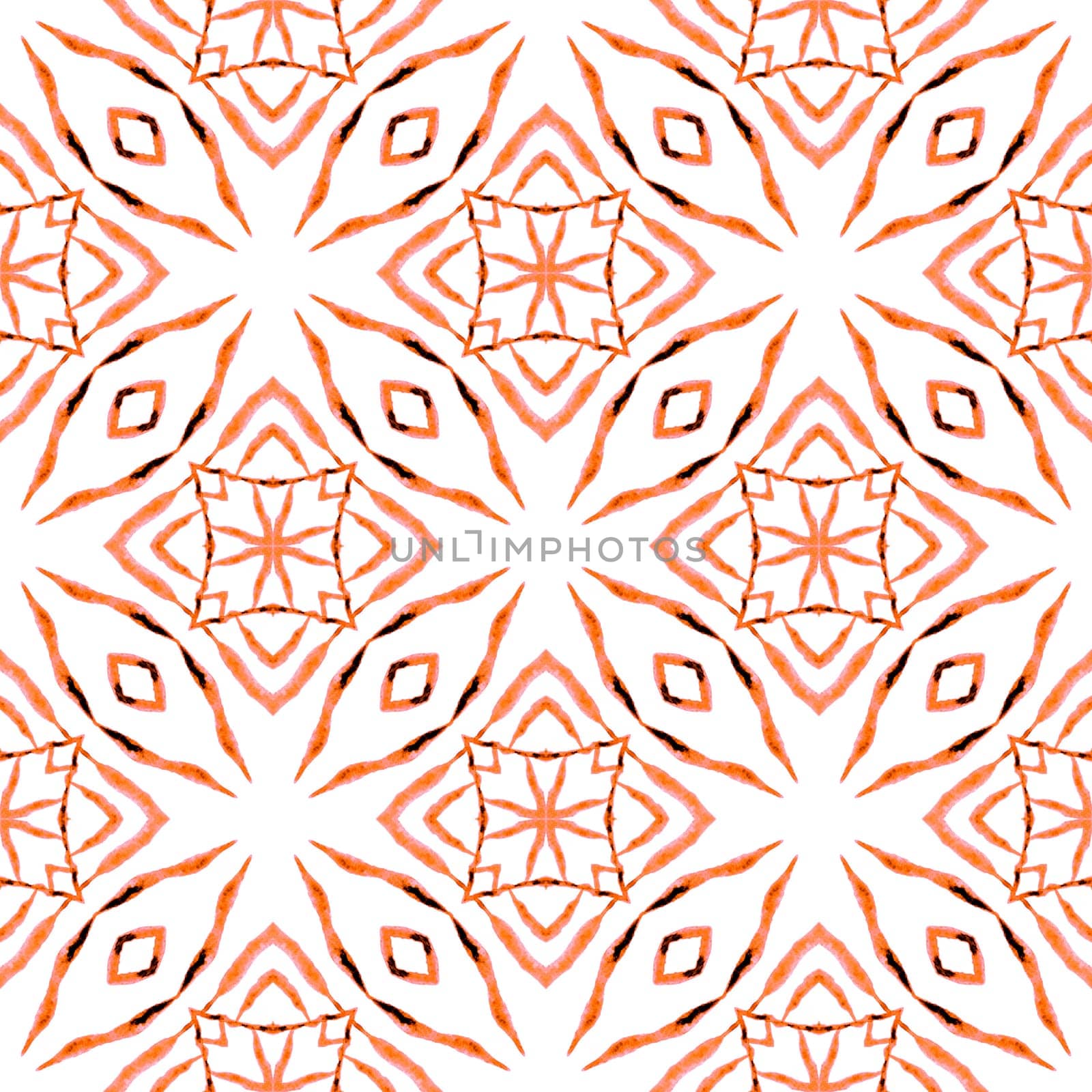 Hand painted tiled watercolor border. Orange remarkable boho chic summer design. Textile ready symmetrical print, swimwear fabric, wallpaper, wrapping. Tiled watercolor background.