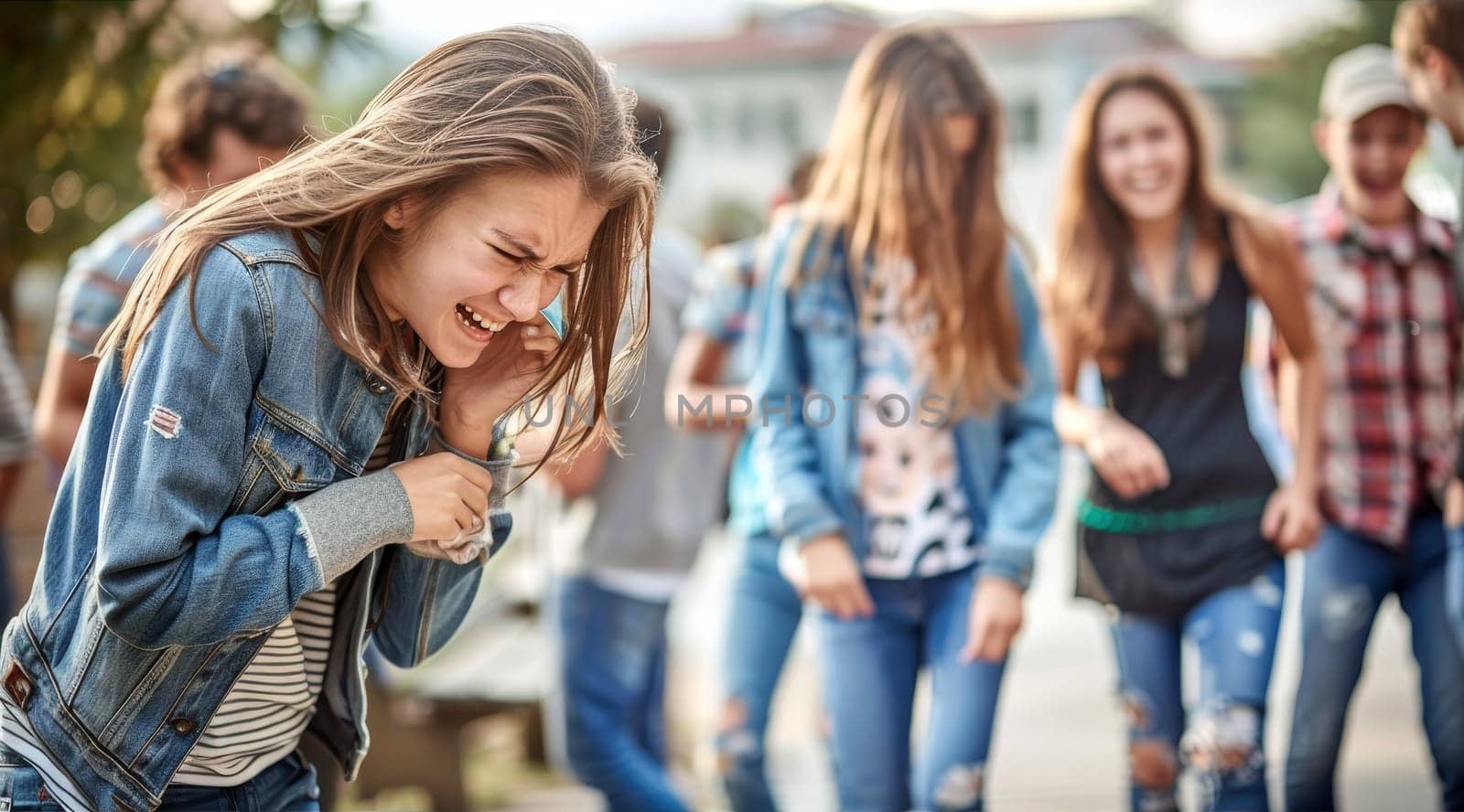 A teenager in distress is mocked by her peers, her face contorted in pain. The laughter and blurred movement of the group highlight her acute isolation. by sfinks