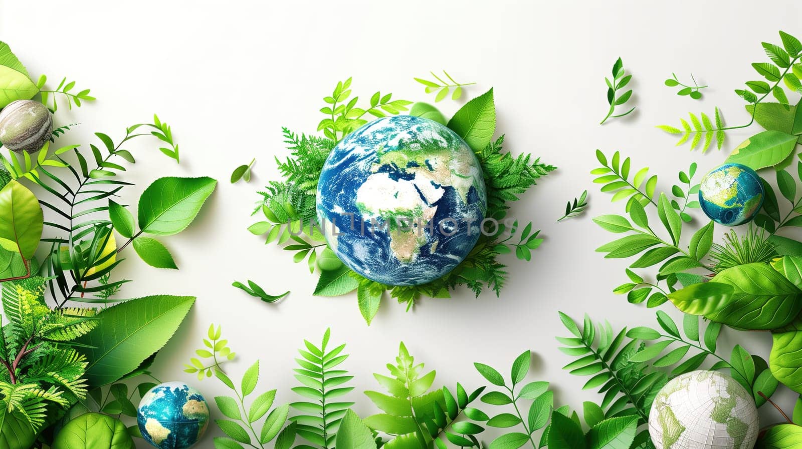 In honor of Earth Day, a symbolic representation of global conservation efforts is portrayed with a vibrant display of lush foliage and miniature globes nestled among the greenery. The center globe stands out as a reminder of the planet we strive to protect and nurture.