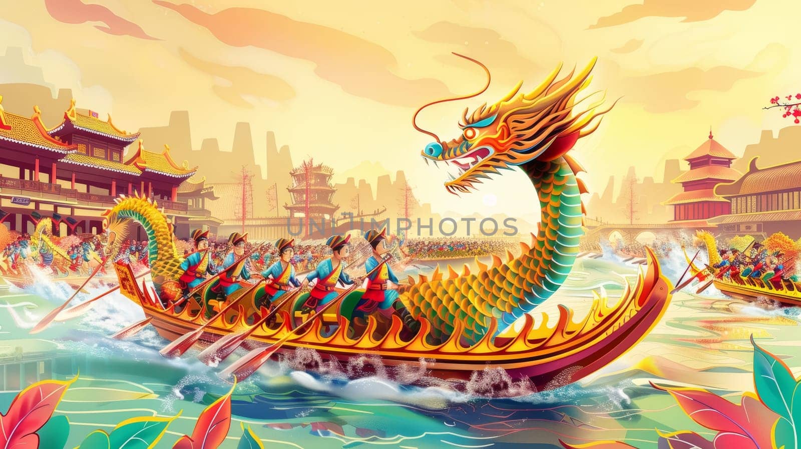 A dragon boat race in full swing, with rowers in traditional attire propelling their elaborate dragon boat past historic Chinese structures at dusk