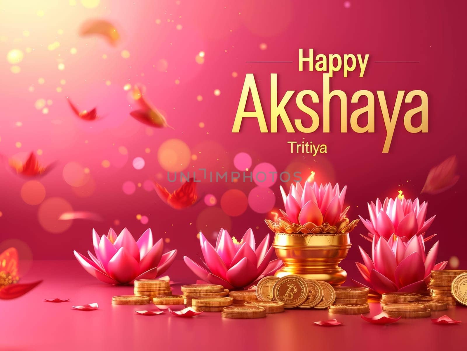 Luminous lotus flowers and overflowing gold coins set against a rich pink backdrop, wishing Happy Akshaya Tritiya in an elegant script