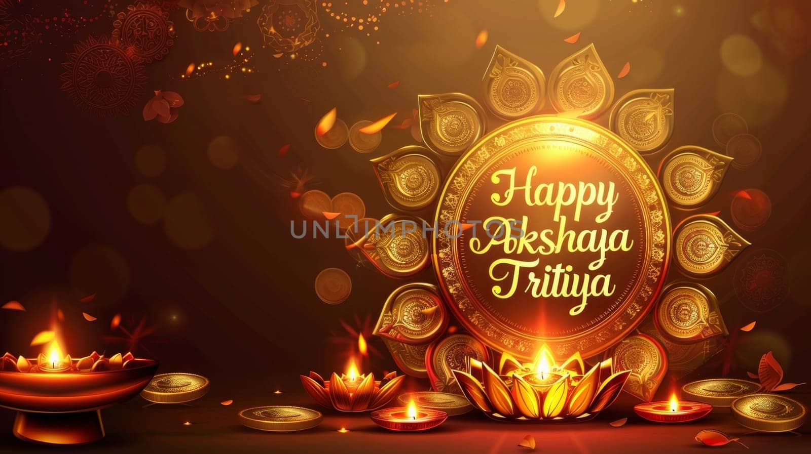 This Akshaya Tritiya visual exudes elegance with its gold-toned diya and decorative elements, fostering feelings of joy and prosperity. by sfinks