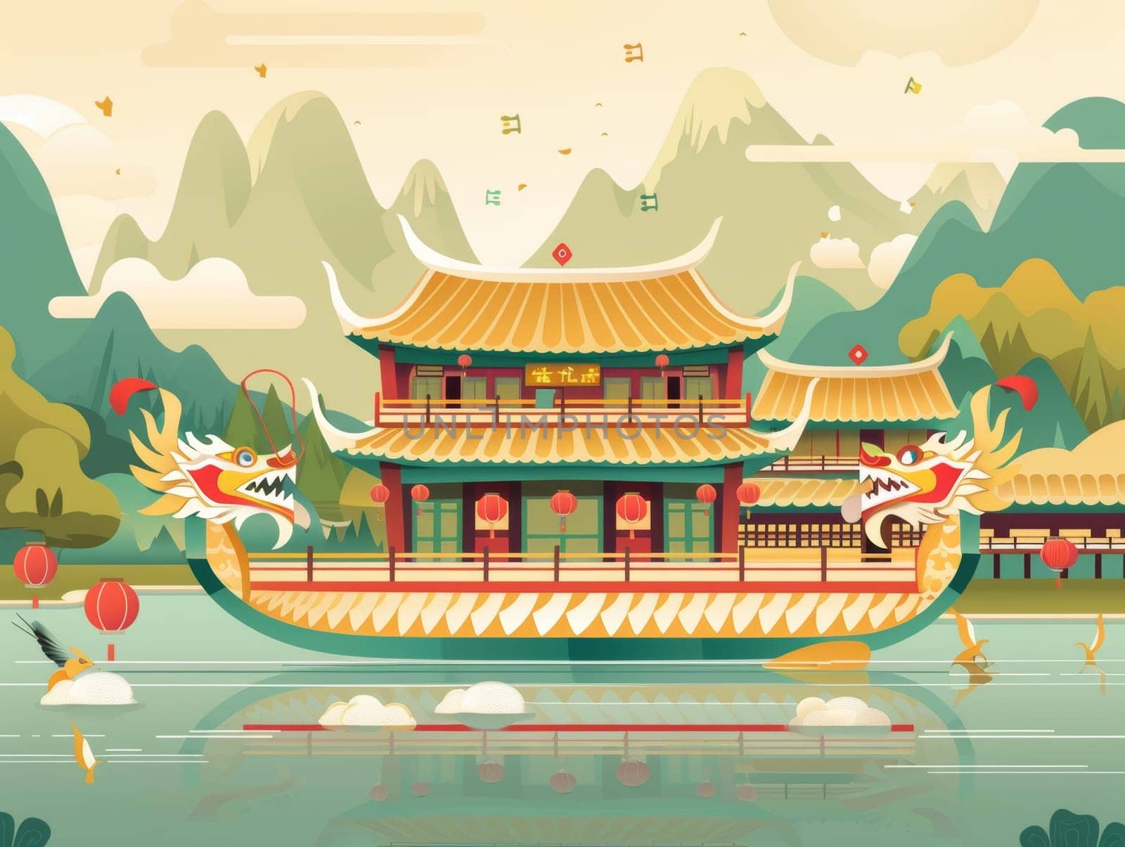 A vibrant, stylized illustration of a colorful dragon boat sailing on the sea against a beautiful sunset. Asian festival by sfinks