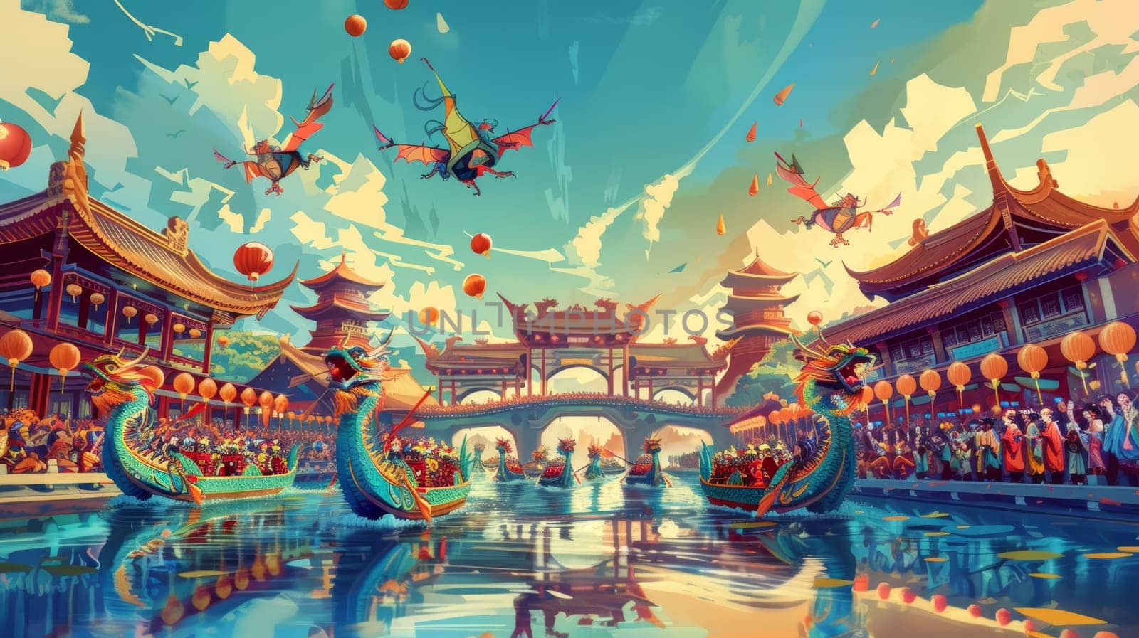 Illustration capturing the spirit of a dragon boat race with vividly colored boats and flying lanterns under a traditional Chinese bridge. by sfinks