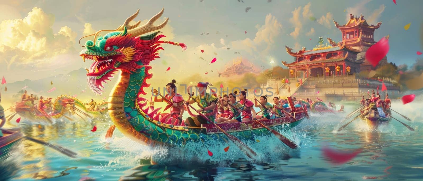 Enchanting sunset scene of a dragon boat festival, with ornate boats and celebratory crowds against the backdrop of classic Chinese pagodas. by sfinks