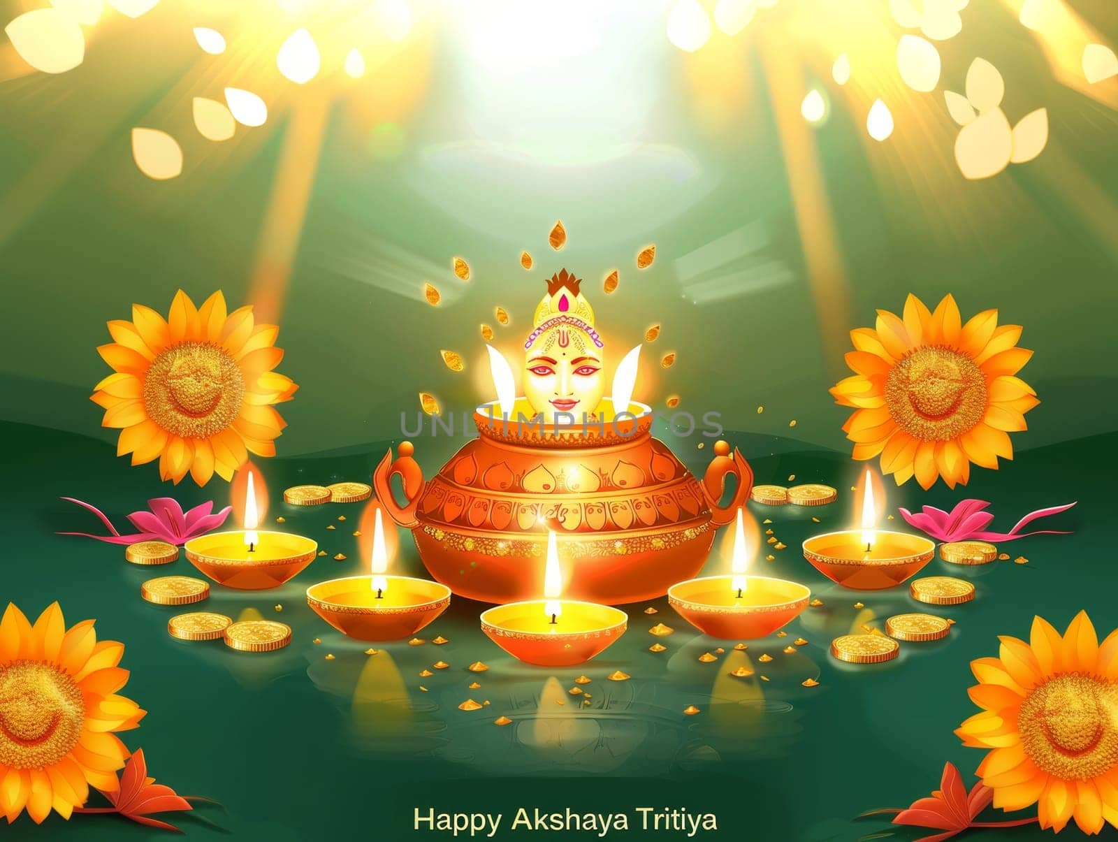 Akshaya Tritiya greeting featuring the goddess of wealth with a bowl of gold coins, surrounded by sunflowers and candles.