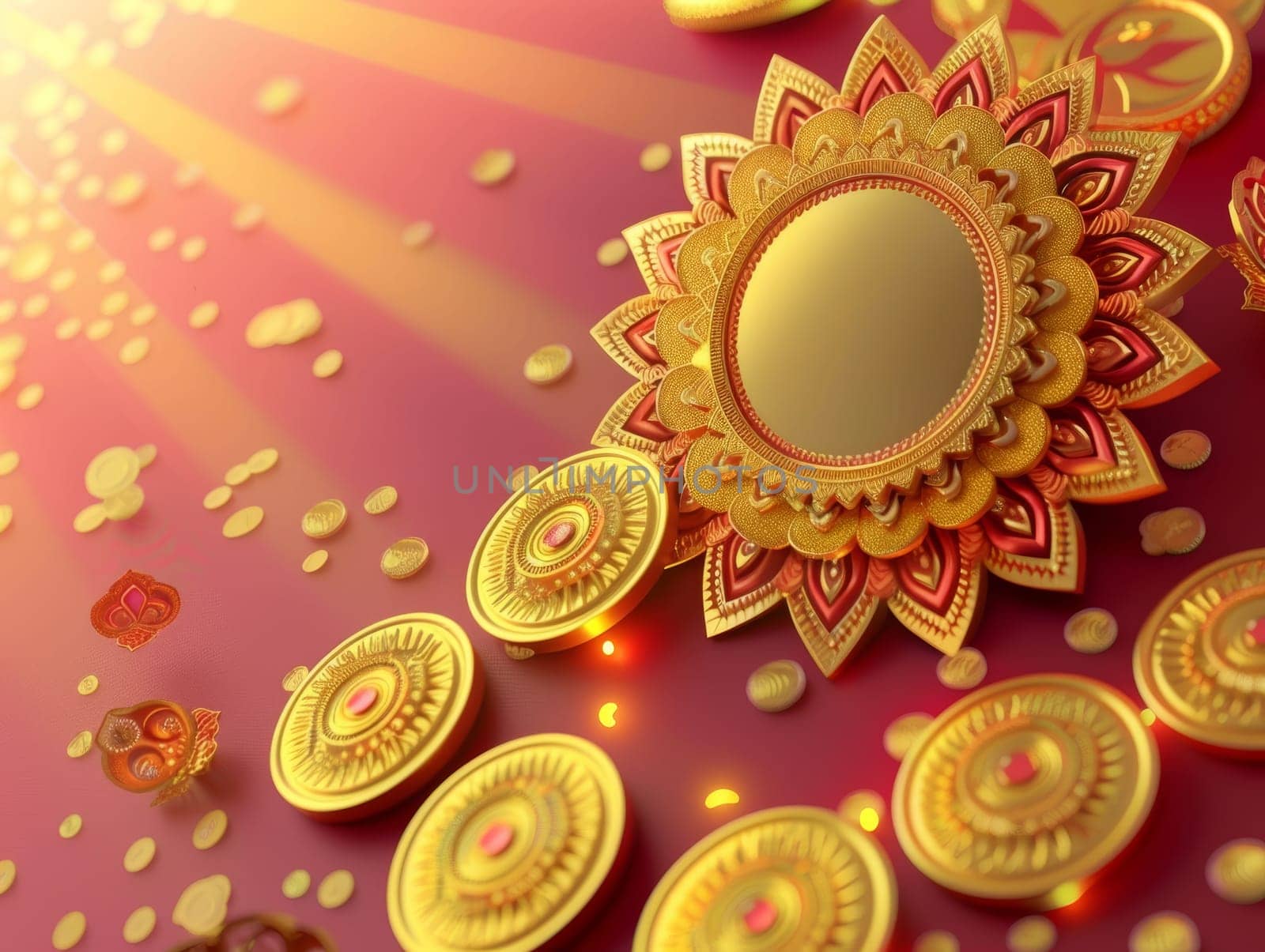 A luxurious Akshaya Tritiya graphic with a golden floral design and coins, invoking the themes of prosperity and good fortune