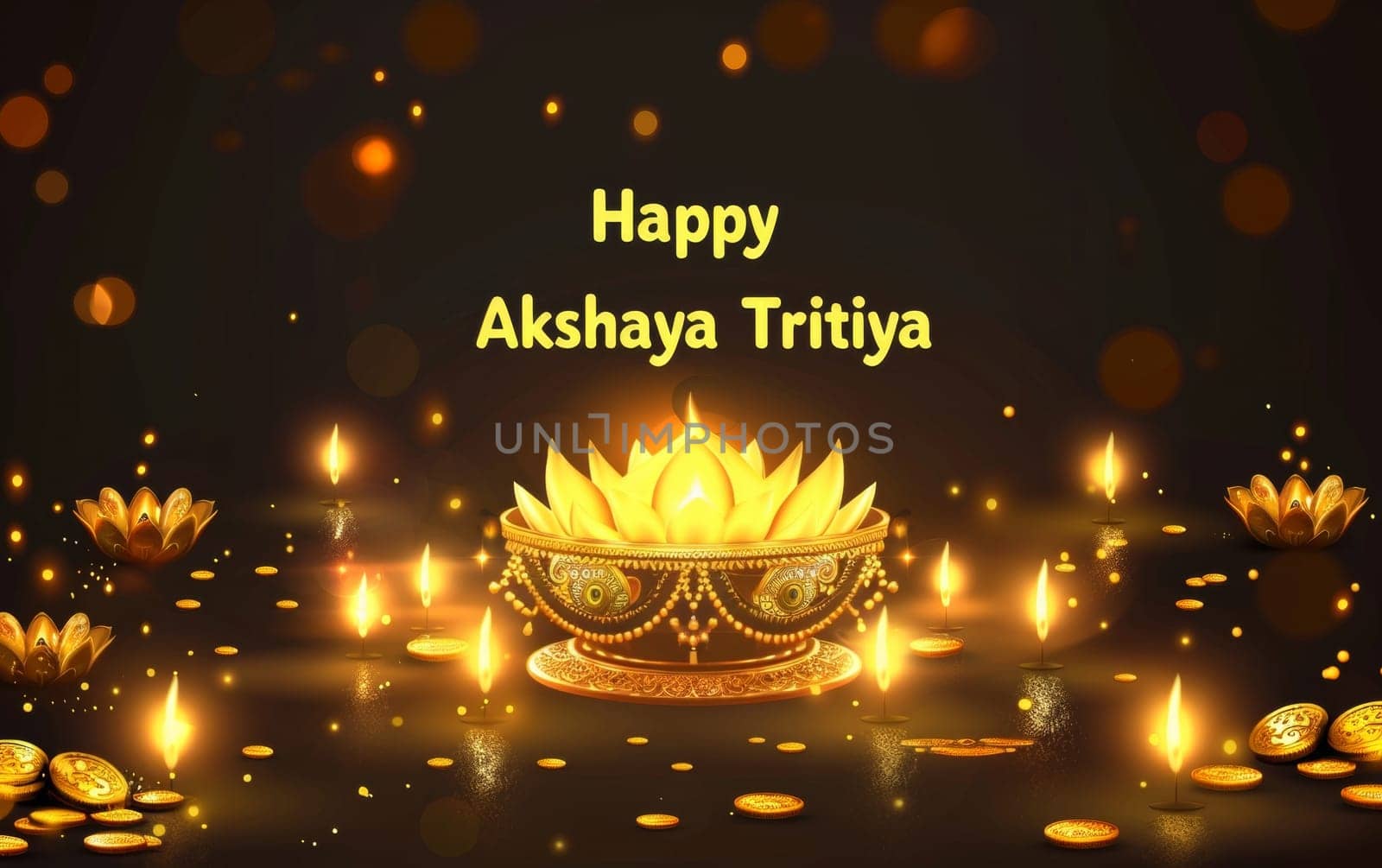 Akshaya Tritiya celebration is captured with a glowing diya and scattered gold coins, set against a backdrop of twinkling lights. by sfinks