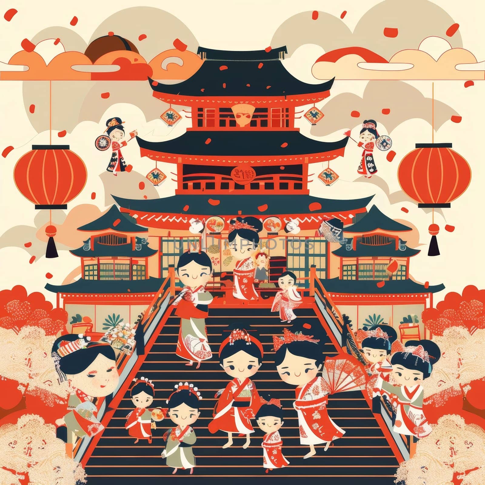 A vibrant and colorful scene depicting a lively Japanese festival, with traditional architecture, festive lanterns, and crowd of people in traditional attire celebrating and enjoying the festivities
