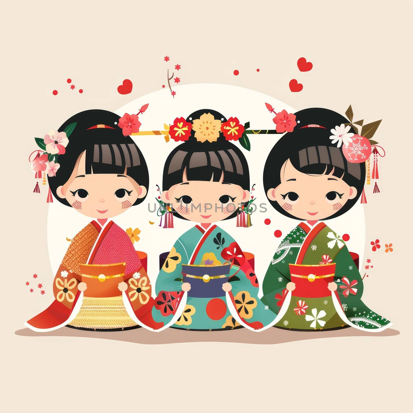 Three young girls dressed in vibrant kimonos adorned with intricate floral patterns, surrounded by delicate spring blossoms and heart-shaped symbols of joy