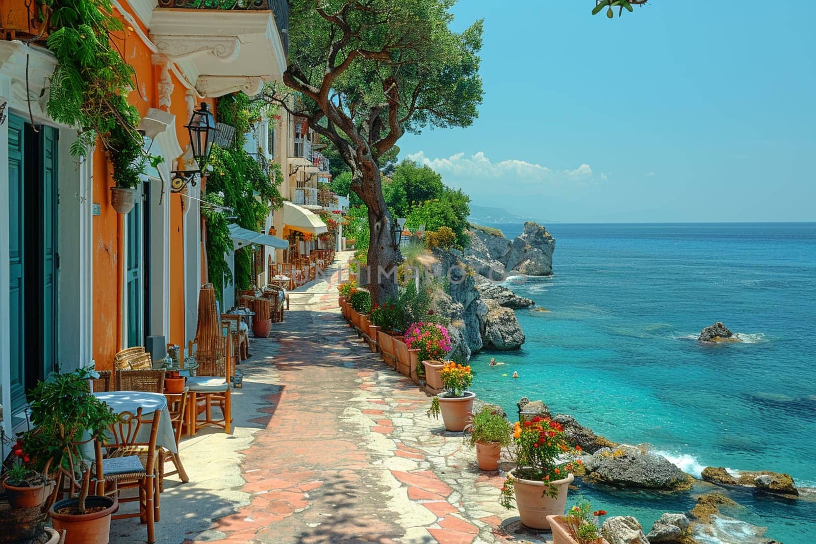 A series of tables and chairs arranged on the sidewalk near a body of water, surrounded by greenery under a blue sky with white fluffy clouds