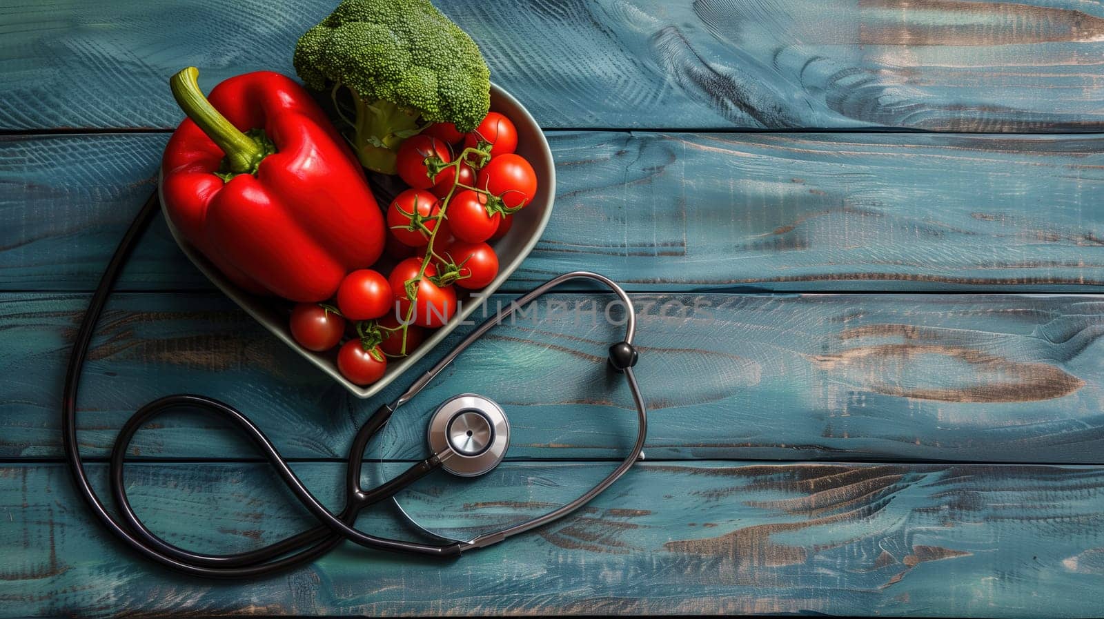 A plate filled with colorful vegetables is placed next to a stethoscope on a blue wooden table. The vegetables include carrots, peppers, broccoli, and tomatoes. The stethoscope is positioned alongside the plate, symbolizing a connection between healthy eating and medical care.