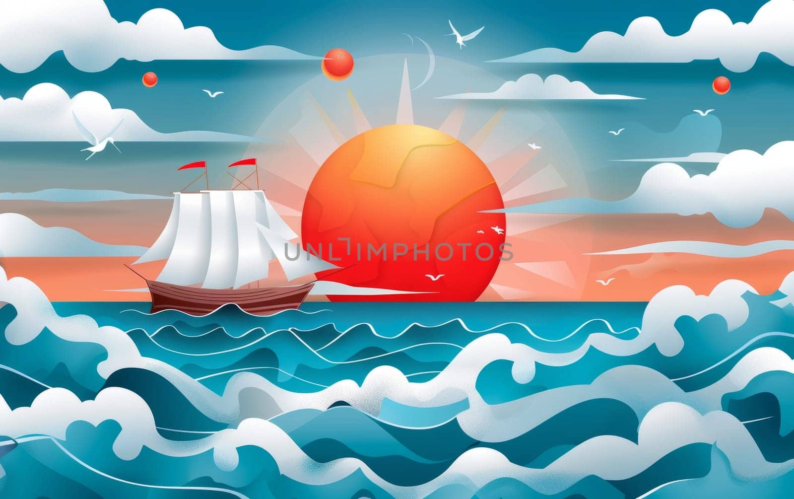 An idyllic digital artwork showcasing a traditional sailing ship cruising at sunset, complemented by seagulls and calm seas. by sfinks