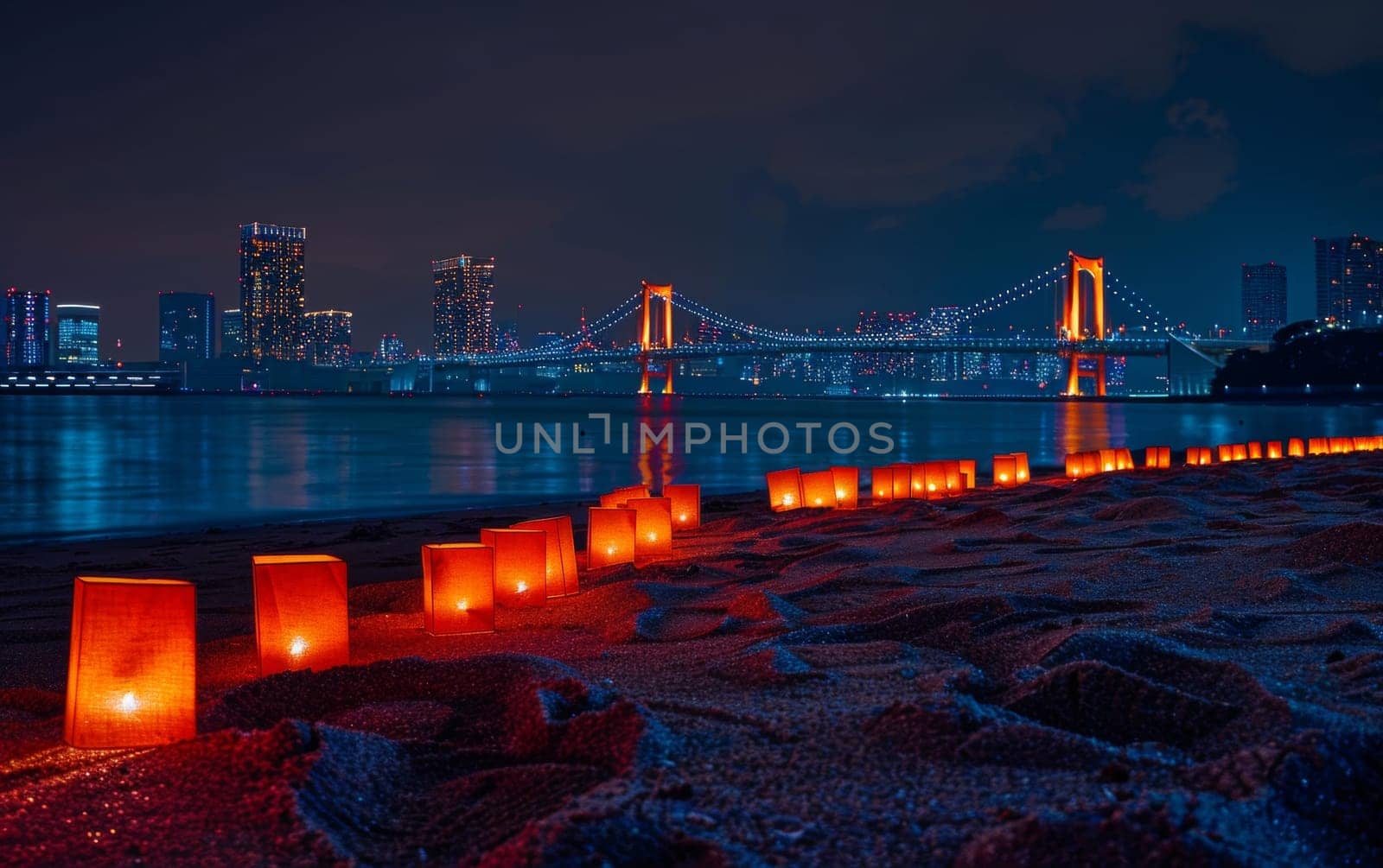 A mesmerizing trail of red lanterns along the sandy shore of Tokyo bay, with the city skyline glowing at night. Japanese Marine Day Umi no Hi also known as Ocean Day or Sea Day.