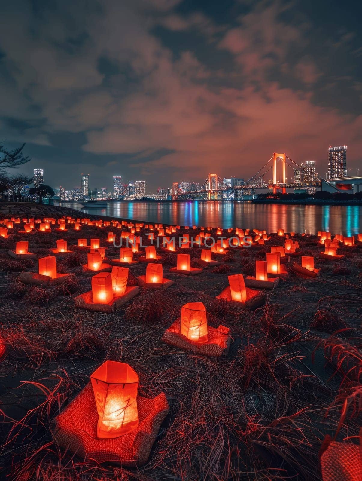 Serene Marine Day scene with glowing lanterns along the riverbank against a Tokyo cityscape at dusk. Japanese Marine Day Umi no Hi also known as Ocean Day or Sea Day by sfinks