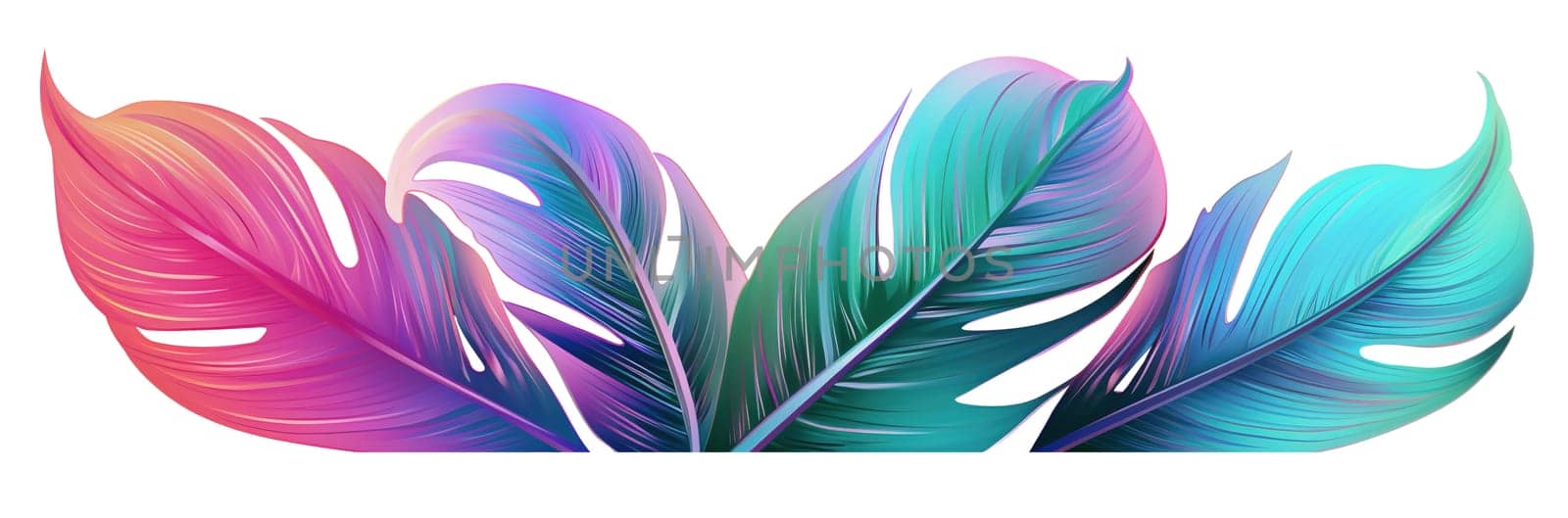 Holographic tropical leaves, arranged in one line, isolated on white background. Vibrant, iridescent color. Divider, separating graphic design element. Footer. Generative AI
