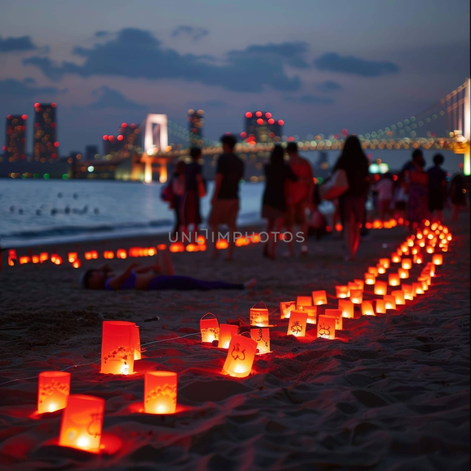 Paper lanterns create a winding path on the beach, with a festive atmosphere under the dusky sky near a citys glowing bridge. Japanese Marine Day Umi no Hi also known as Ocean Day or Sea Day.