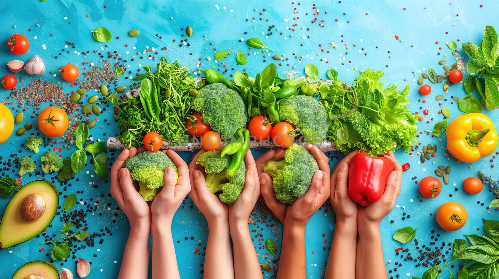 A diverse group of individuals is shown standing together, each holding a variety of fresh vegetables such as carrots, tomatoes, bell peppers, and onions. They are showcasing their produce and promoting healthy eating choices.