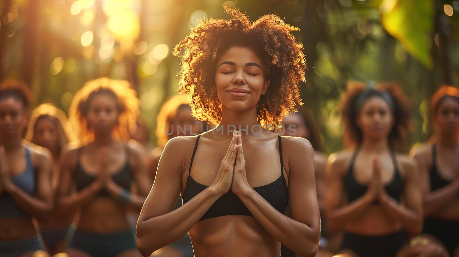 A group of women practicing various yoga poses in a dense forest, surrounded by tall trees and lush greenery. The women are focused and engaged in their poses, connecting with nature as they flow through their movements.