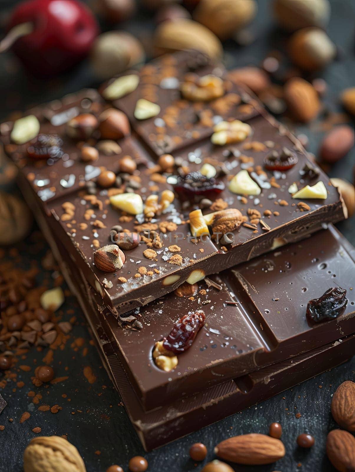 Detailed close-up of a chocolate bar with nuts, showcasing rich textures and natural ingredients, appealing and appetizing.