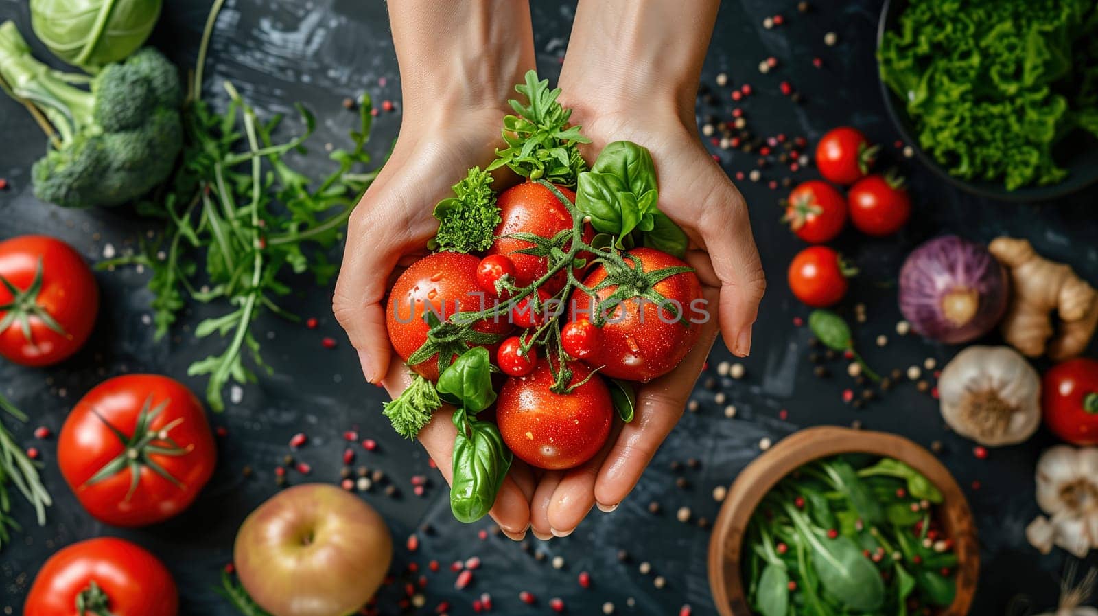 A person standing with a bunch of fresh red tomatoes in their hands. The tomatoes look ripe and vibrant against the persons fingers.