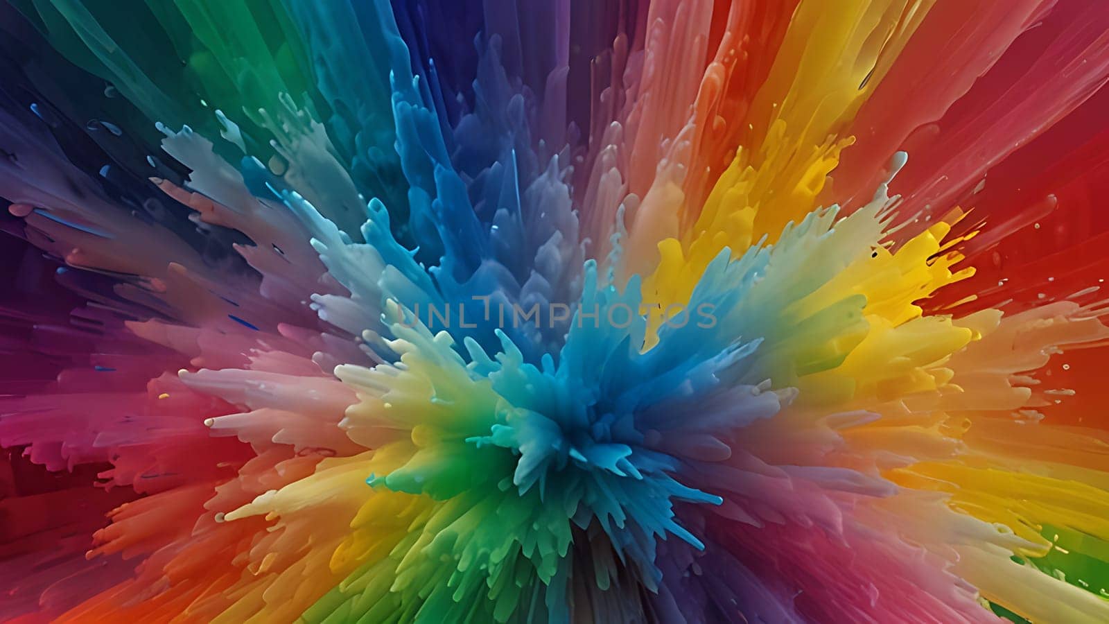 Abstract colorful explosion collides on mid air. Holi powder burst isolated on dark background. Generative AI.