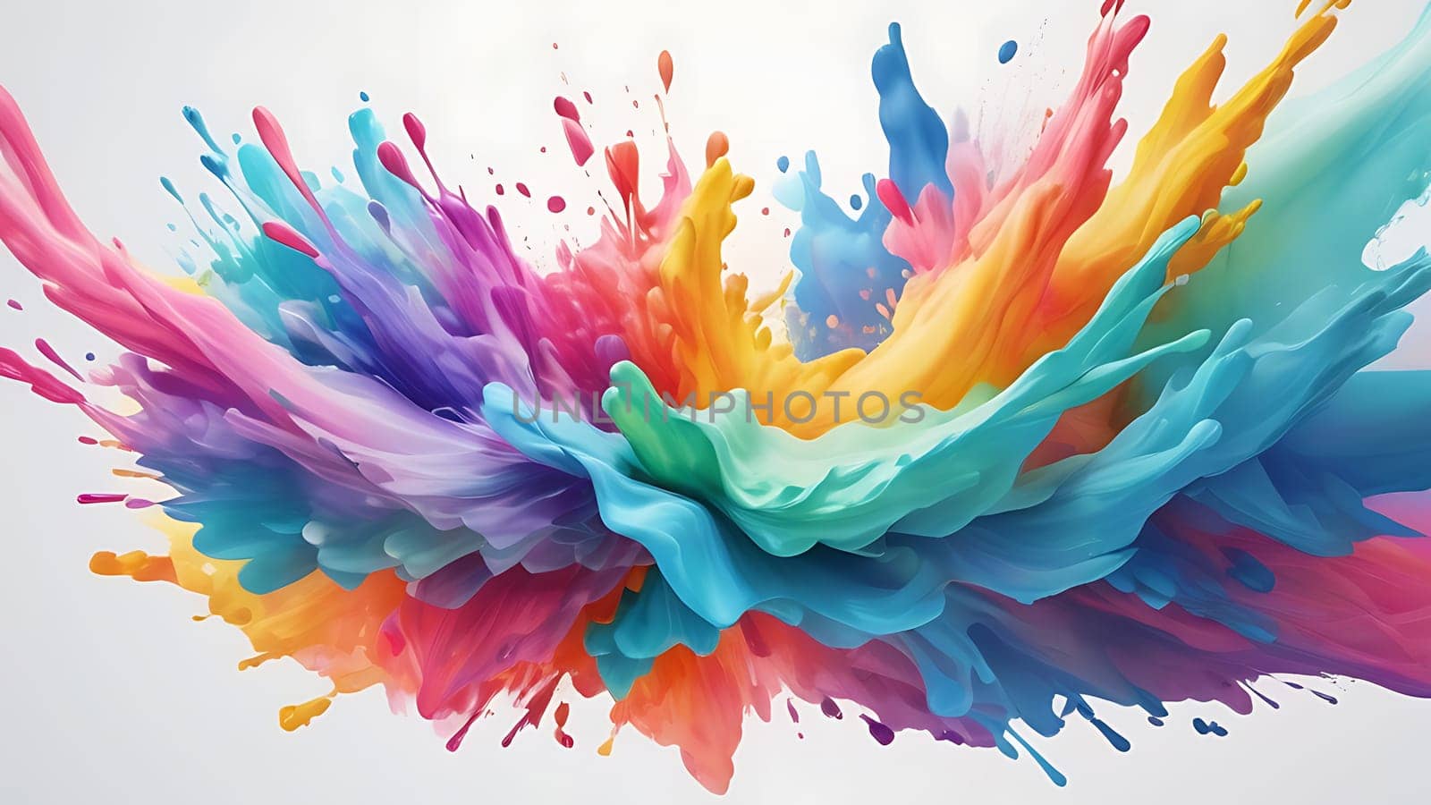 Abstract colorful explosion collides on mid air. Holi powder burst isolated on white background. Generative AI.