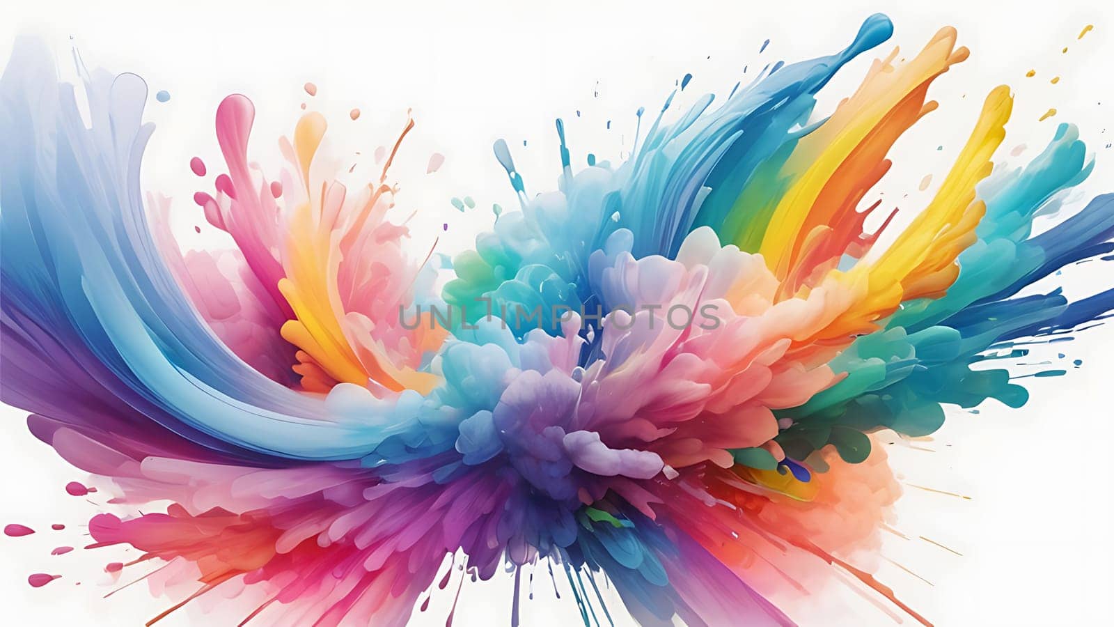 Abstract colorful explosion collides on mid air. Holi powder burst isolated on white background. Generative AI.