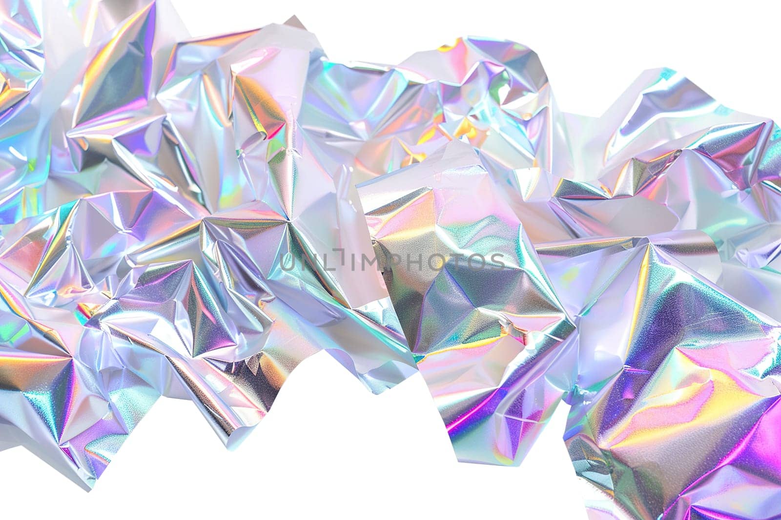 Crumpled holographic metallic shapes with a vibrant, iridescent finish, isolated on white background. Color gradient, y2k style. Cut out graphic design element. Generative AI