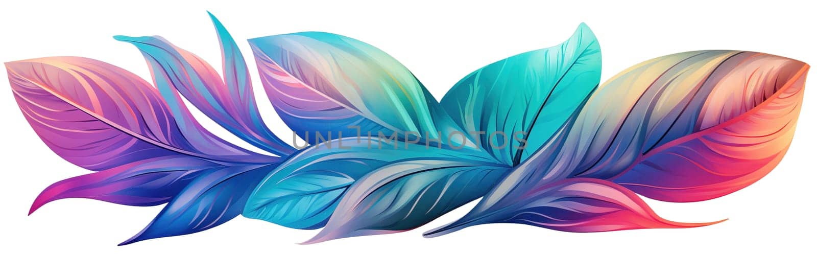 Holographic tropical leaves, arranged in one line, isolated on white background. Vibrant, iridescent color. Divider, separating graphic design element. Can be used as footer or header. Generative AI
