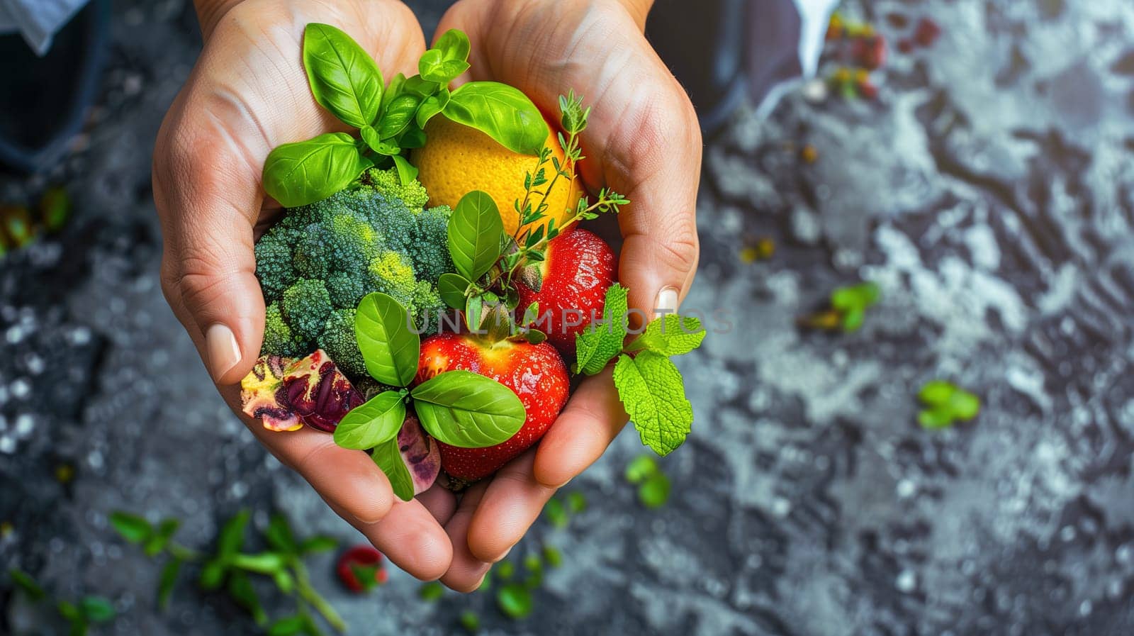 A person standing with a variety of fruits and vegetables in their hands. The individual is holding items like apples, oranges, carrots, and tomatoes, showing a display of fresh and colorful produce.