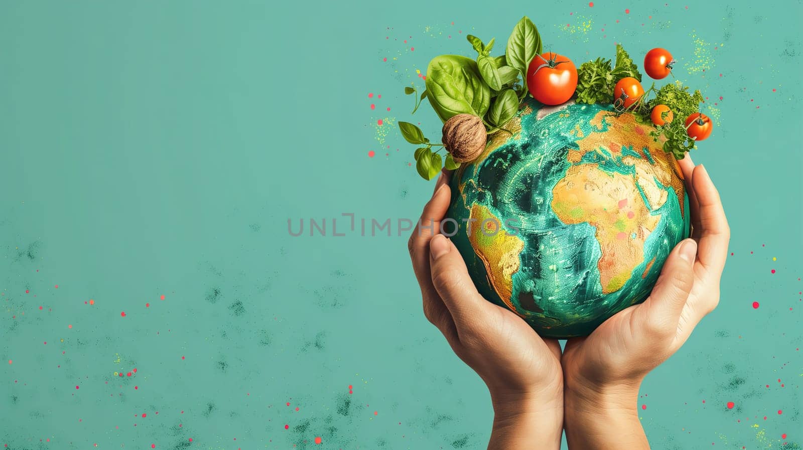 A person is holding a globe with a variety of fresh vegetables placed on top of it. The globe is being held in both hands, with the vegetables arranged neatly around it.