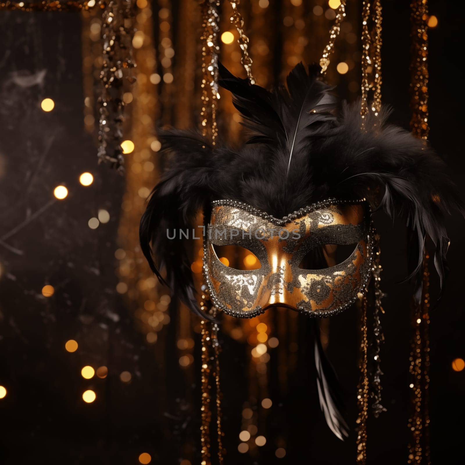 This captivating photo captures the essence of a masquerade party with a striking mask adorned with delicate feathers. The feathers hang gracefully, adding an air of mystery and allure to the masks design.