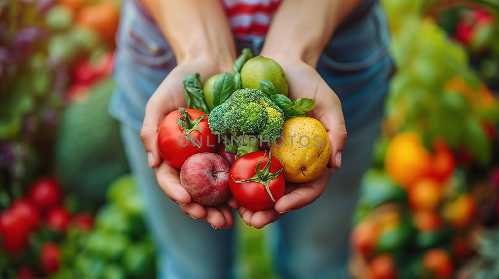 A person holds a variety of fresh vegetables in their hands, showcasing the colorful produce they have harvested or purchased. The vegetables are being cradled gently, indicating care and appreciation for the organic food.