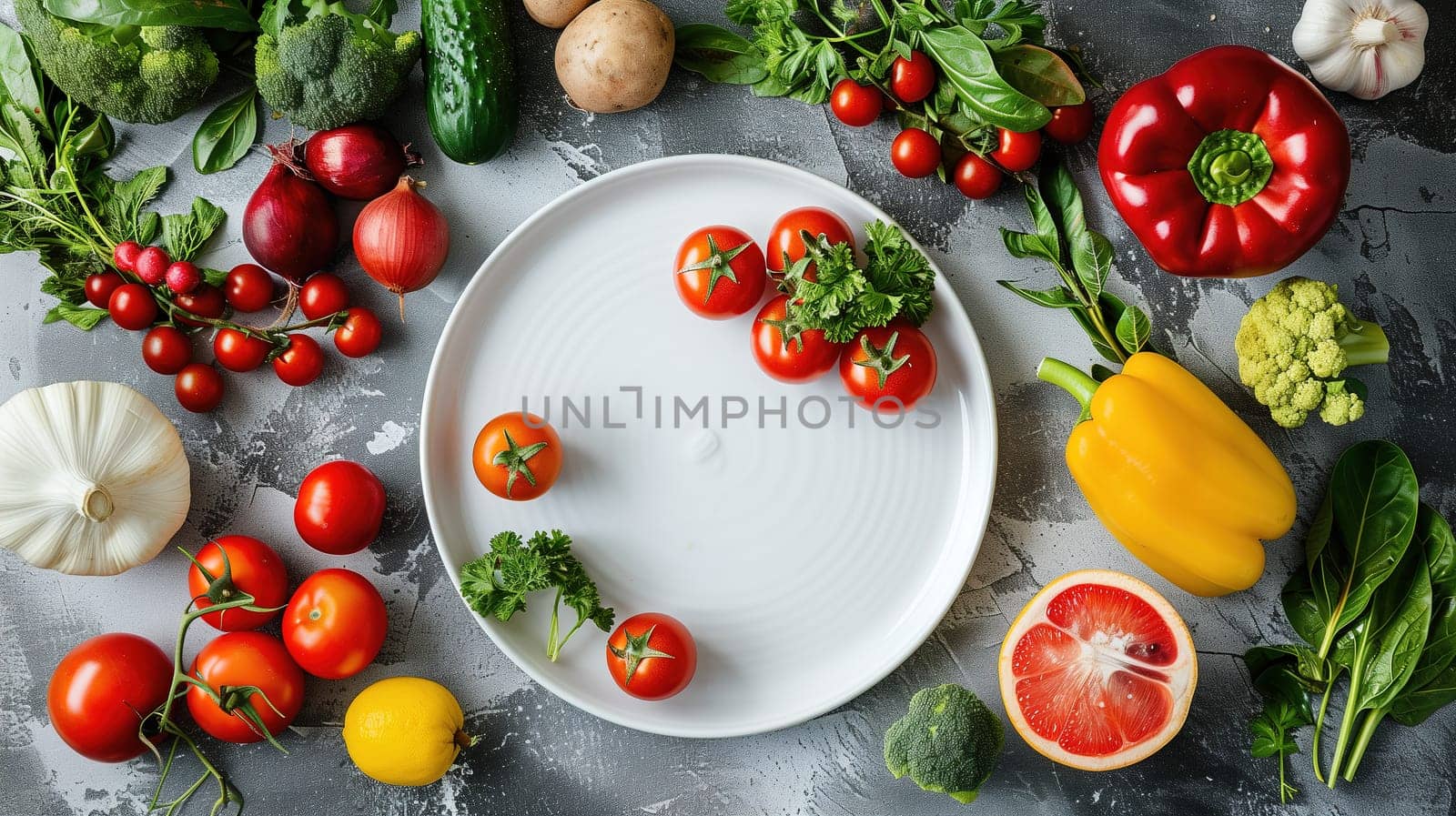 A white plate is filled with various kinds of colorful and fresh vegetables, creating a vibrant and healthy meal. The assortment includes lettuce, tomatoes, cucumbers, carrots, bell peppers, and more, arranged neatly to showcase the diversity of flavors and textures.