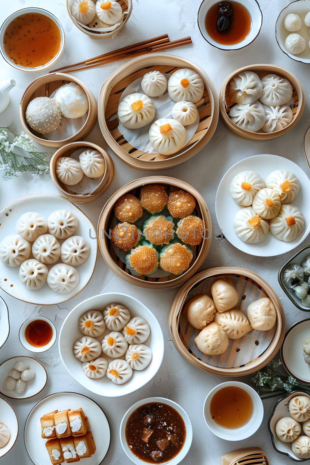 The table is adorned with various types of dim sum, a popular Chinese cuisine consisting of bitesized dishes served as finger food in metal dishware