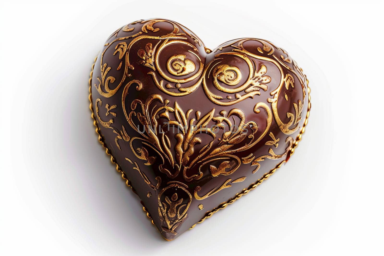 Heart-shaped chocolate box with gold decorative pattern on a white background.