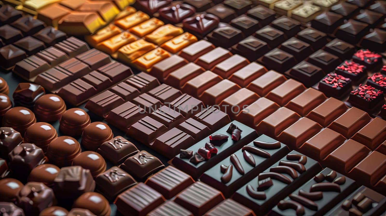 Various chocolate bars of different flavors and types neatly arranged on a table.