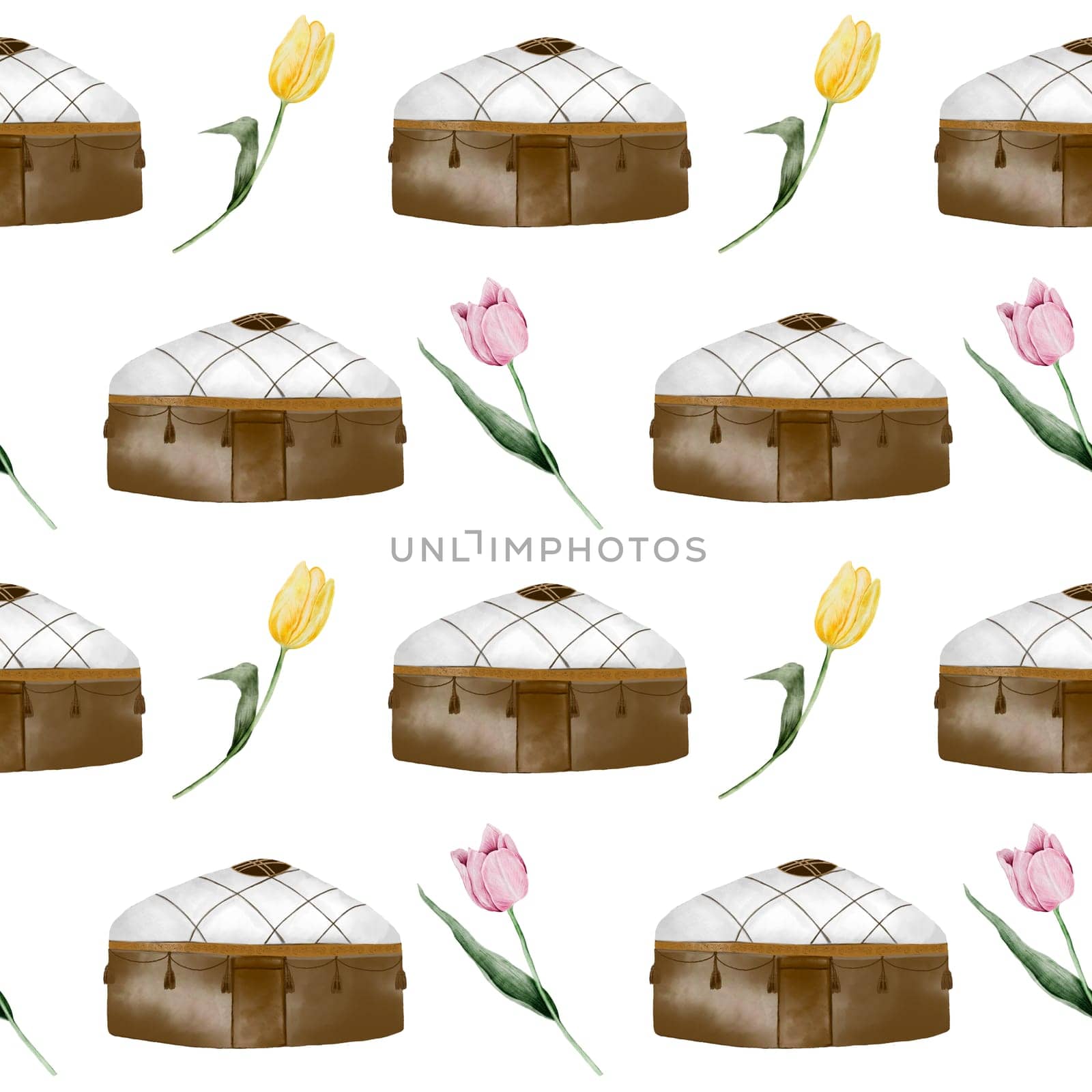 Kazakh pattern seamless watercolor. Spring print with yurts and tulips. Hand drawn illustration on white background of Asian elements. For printing on fabrics and packaging paper for Nauryz. High quality illustration