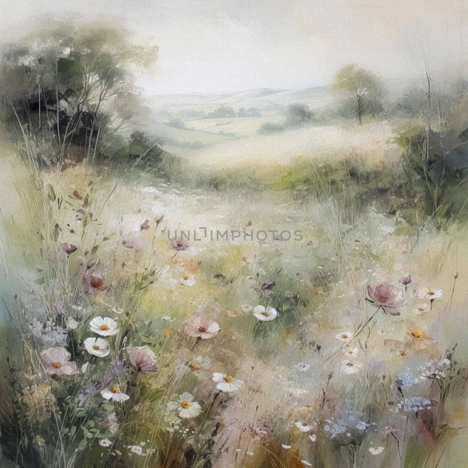 Oil style fine art painting of the English countryside, depicting romantic floral meadow, flowers field in soft pastel colours, evoking a sense of tranquility and natural beauty, printable art by Anneleven