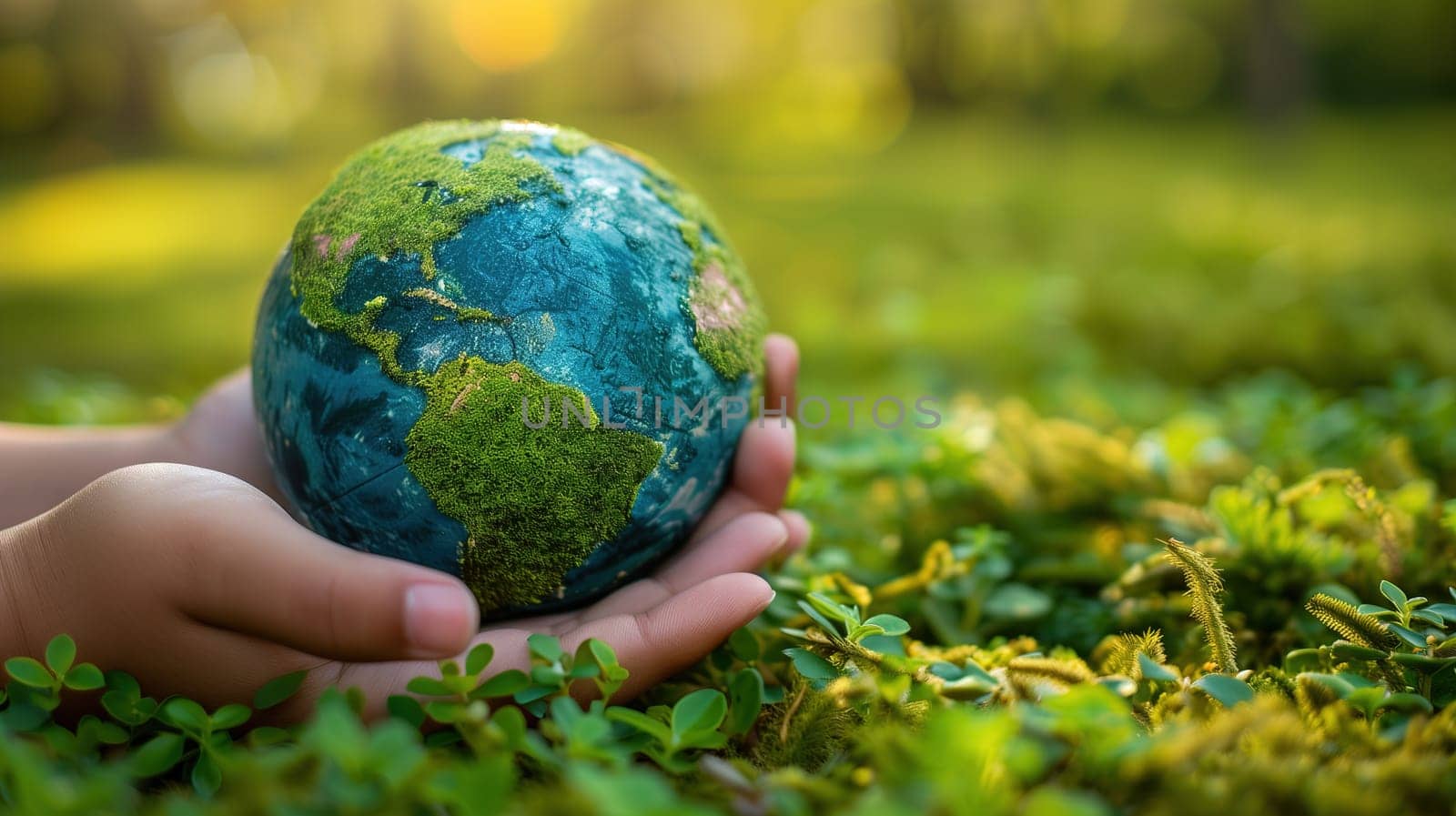 A childs hands gently grasp a small green globe, resting on the vibrant green grass beneath them. The globe symbolizes the Earth, creating a powerful image for Earth Day and environmental awareness.