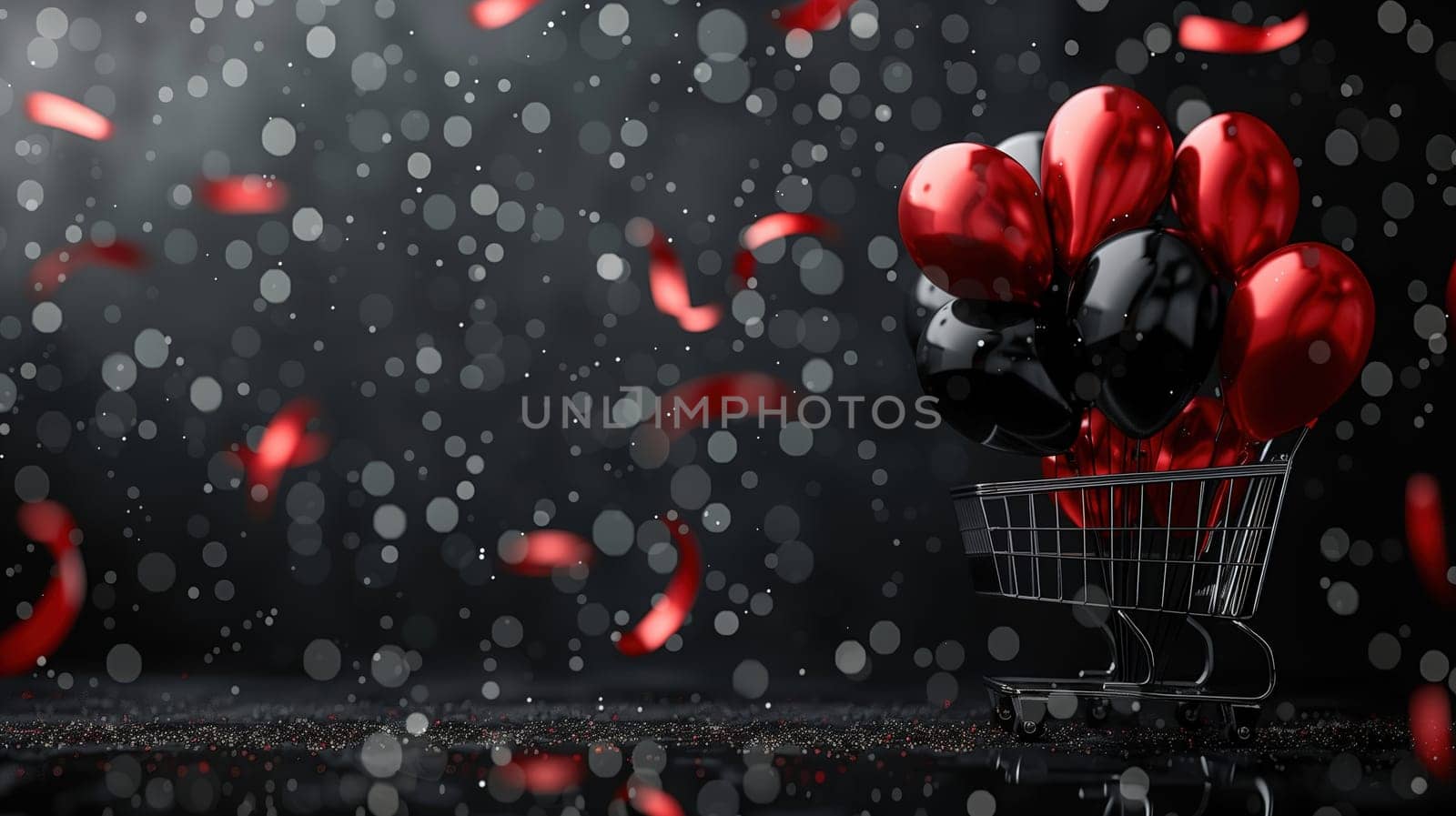 A shopping cart overflowing with bright red balloons sits in the rain, the balloons gently bobbing as drops of water fall around them. The scene captures the contrast of the vibrant balloons against the dreary weather.