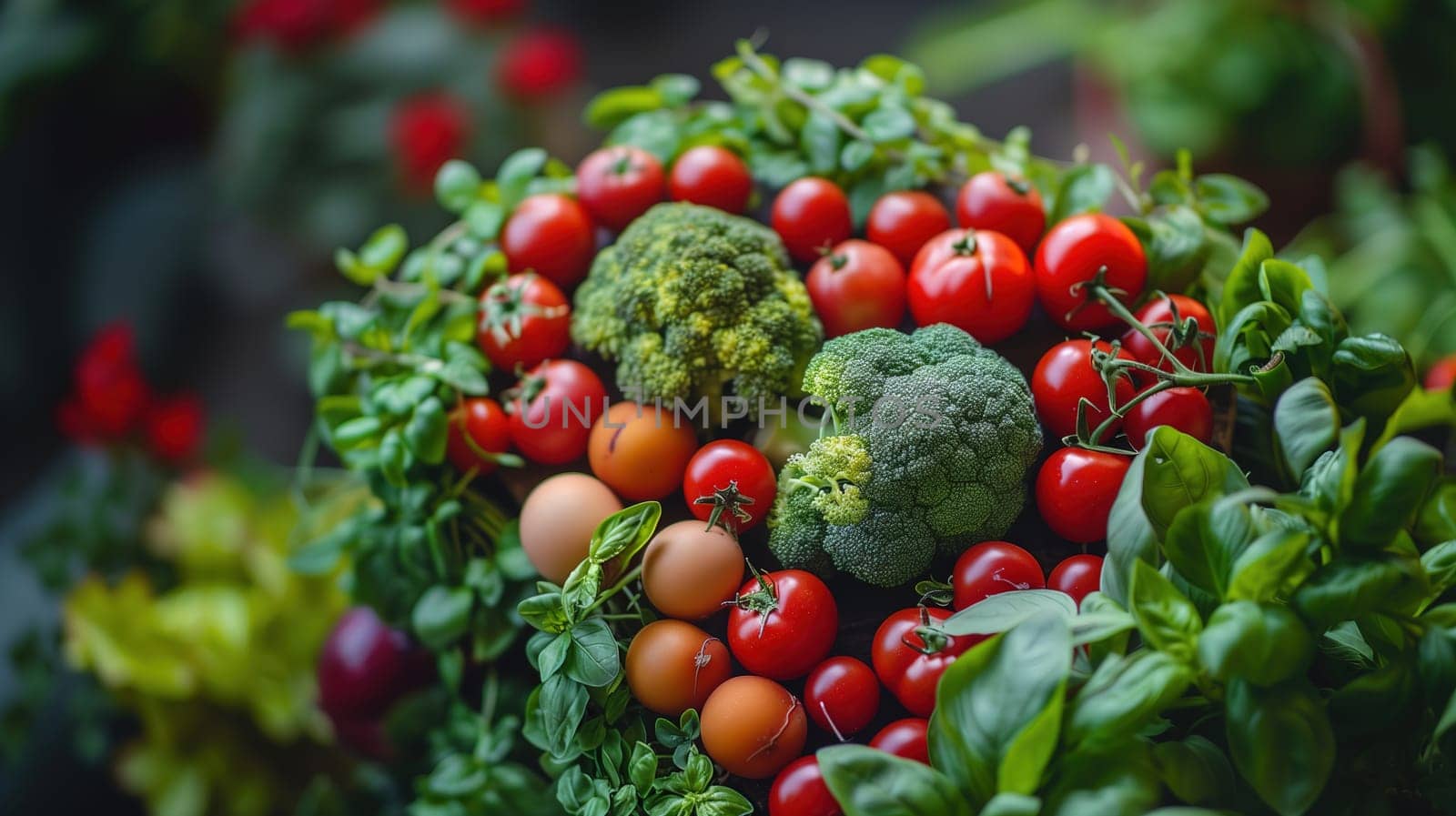 Various types of fruits and vegetables are creatively arranged in a colorful and vibrant display. The assortment includes carrots, apples, bananas, tomatoes, lettuce, grapes, oranges, cucumbers, bell peppers, and more.